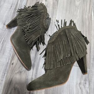 Vince Camuto Olive Green Fringe Booties NWT Sz 8